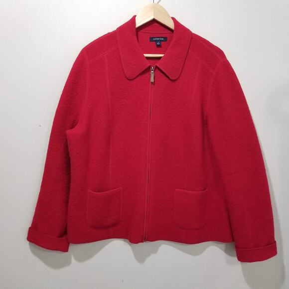 Lands' End Jacket Womens 18 Red Boiled Wool Collared Zip Front Patch Pockets - Picture 9 of 9